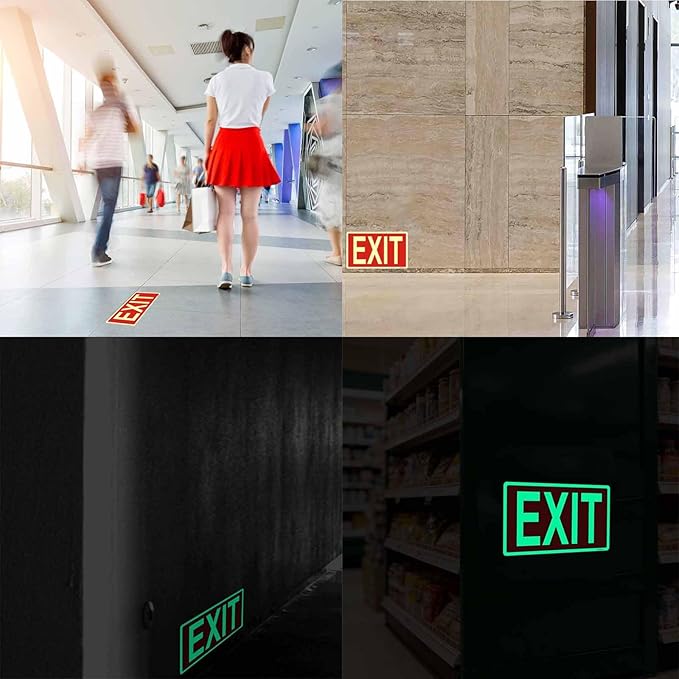 Glow in the Dark Exit Sign Stickers - 4 Pcs, 12x7 In - Ideal Illuminated Emergency Exit Signs for Business or Office - Apply to Door, Wall, Window - Photoluminescent and UV Protected