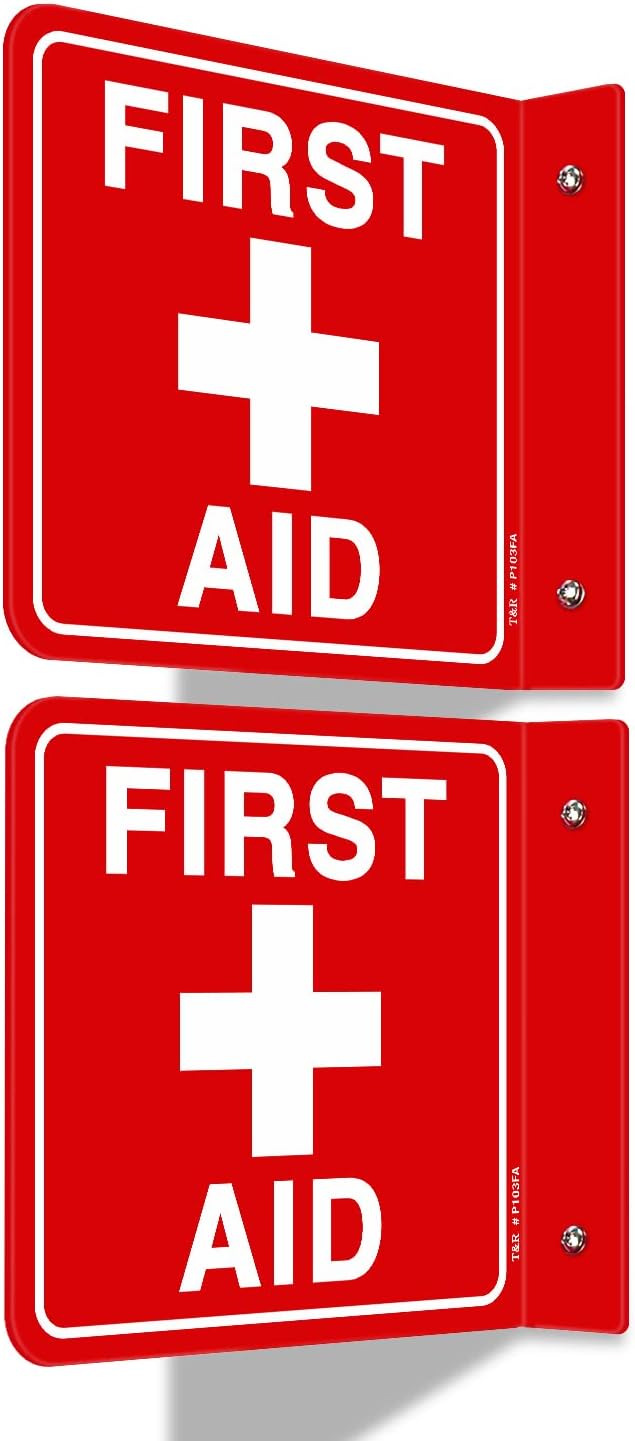 T&R First Aid Sign, First Aid with Cross Symbol - 2 Pack - 6 x 6 Inches Acrylic, 2 pre-drilled holes, Includes Matching Screws, Use for Office/Business