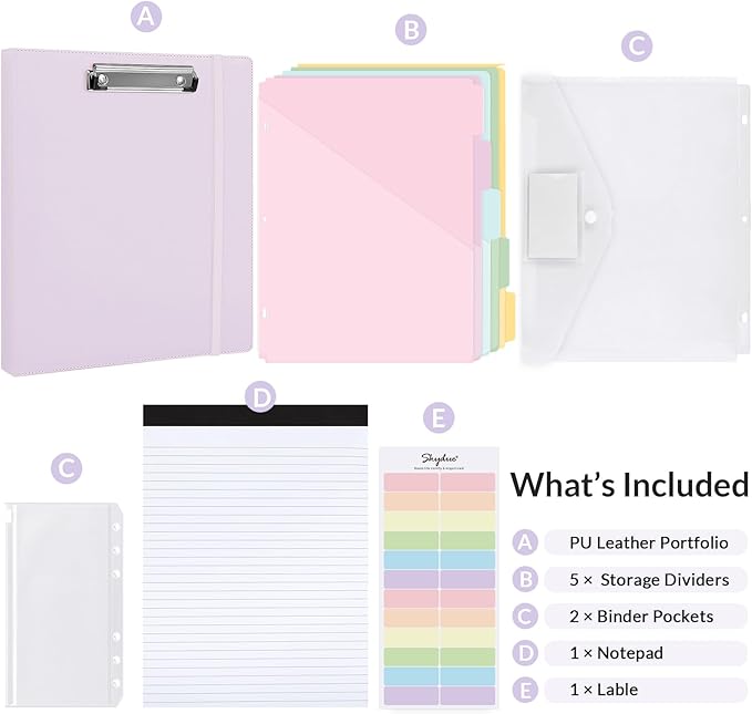 SKYDUE 3 Ring Binder with Clipboard 1 Inch, 13.2" × 10.2" PU Clipboard Binder with Notepad & 5 Dividers with 5 Pockets, Labels, Clipboard Folder Great for School Office(Fit Letter Sized Paper)