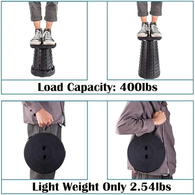 2-Pack Collapsible Stool, 400lbs Max Weight, Lightweight But Sturdy, Portable Retractable Folding Telescoping Foldable Camping Stool for Adults Outdoor Fishing Hiking BBQ (2, Black)