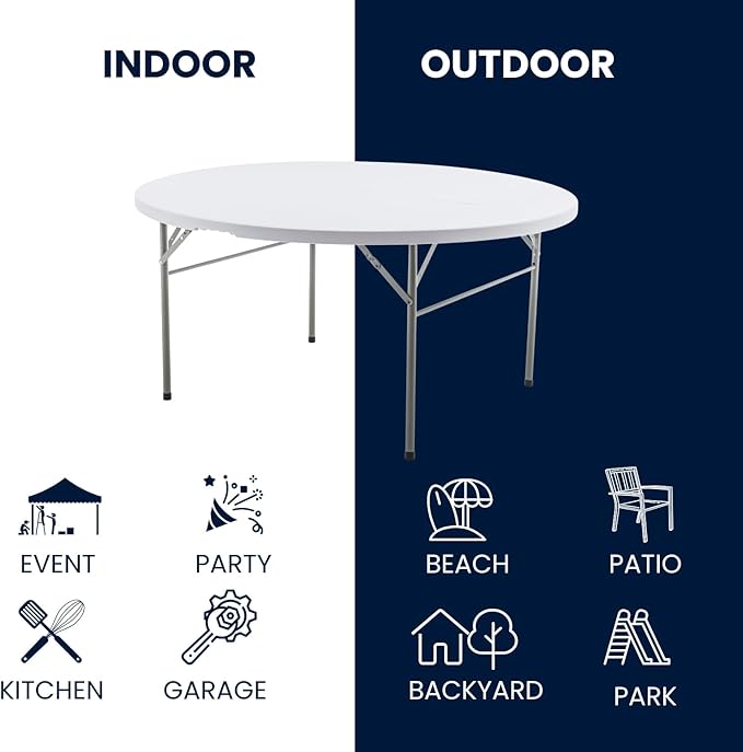BTEXPERT White 5 Ft 60inch Round Plastic Folding Table Commercial Portable Indoor Outdoor Accessory for Patio Backyard Dining Wedding Party Events Home Kitchen