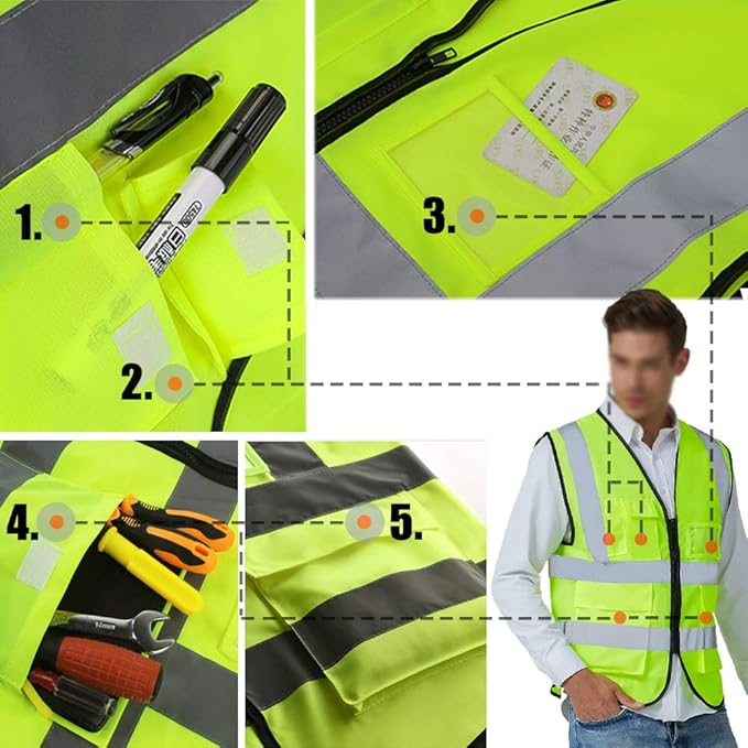 YOWESHOP High Visibility Safety Vest Custom Your Logo Protective Workwear 5 Pockets With Reflective Strips Outdoor Work Vest (Blue (M))