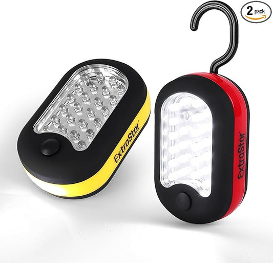 EXTRASTAR 3-in-1 LED Camping Light, Magnetic Work Light, Flashlight with Hook,120 Lumen. 2 Light Modes, Water Resistant, Battery Powered Light for Outdoor, Emergency, Garage, 2PCS