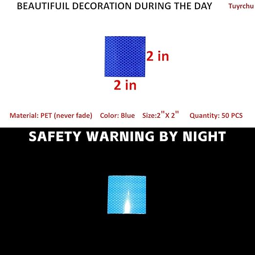 Non Fading Blue Reflective Stickers 2 inch X 2 inch, Outdoor Waterproof High Visibility Warning Safety Adhesive Reflector Tape (50 Pcs)