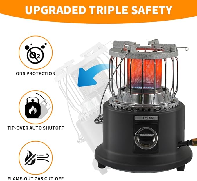 2-in-1 Portable Propane Heater Indoor & Outdoor & Stove, 13000 BTU Propane Tent Heater for Camping, ODS/Tip-Over/Flame-Out Safety, 360° Heat, Cooktop for Boiling Water/Heating Food, Regulator Hose