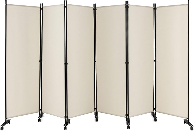 GOFLAME 6 Panel Folding Room Divider, 6FT Rolling Privacy Screen with Lockable Wheels, Portable Room Partition Screen, Freestanding Wall Divider and Separator for Home Office, White