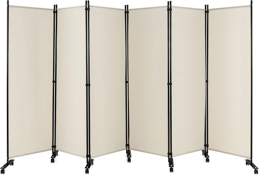 GOFLAME 6 Panel Folding Room Divider, 6FT Rolling Privacy Screen with Lockable Wheels, Portable Room Partition Screen, Freestanding Wall Divider and Separator for Home Office, White