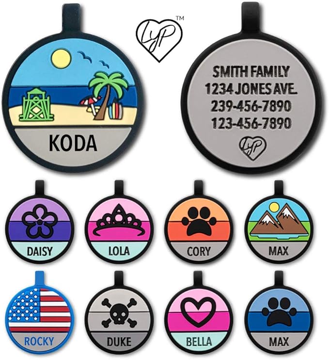 LYP Original Soundless Pet ID Tags | Custom Dog Tags Personalized for Pets | Durable Silicone Deep Engraved Dog Tag | No More Jingling | Beach