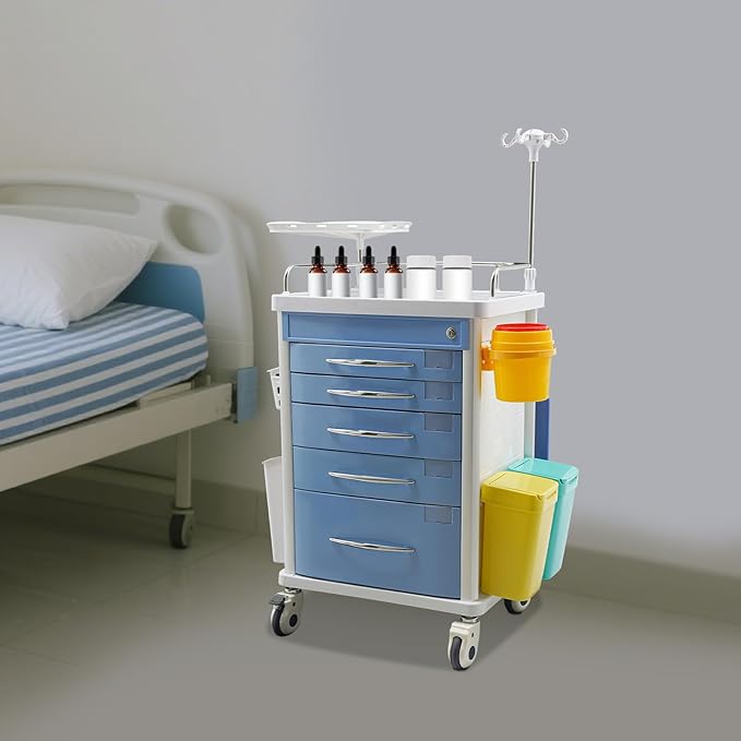 Rolling Crash Cart with Drawers & Adjustable IV Pole, Silent Casters, Needle Disposal Holder, Trash Bin, O2 Holder, Utility Trolley Cart for Clinic, Hospital, Salon, Lab, Load 176 Lbs (Blue)