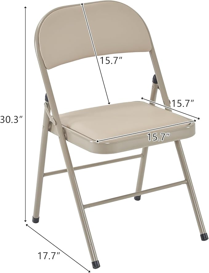 VINGLI 4 Pack Folding Chairs with Padded Seats, Metal Frame with Pu Leather Seat & Back, Capacity 350 lbs, Set of 4, Khaki