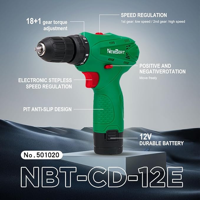 Cordless Drill Set, 12V Power Drill Driver with Battery and Charger, 3/8" Keyless Chuck, 2 Variable Speed, 18+1 Torque Setting, Cordless Drill Driver Kit for Home and DIY Project