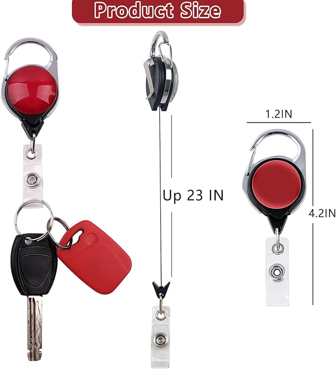 Red Retractable Badge Holder with Carabiner Clip, Durable Red Plastic ID Card Holder, Secure & Convenient for Work, Events, Schools, Hospitals, and Offices