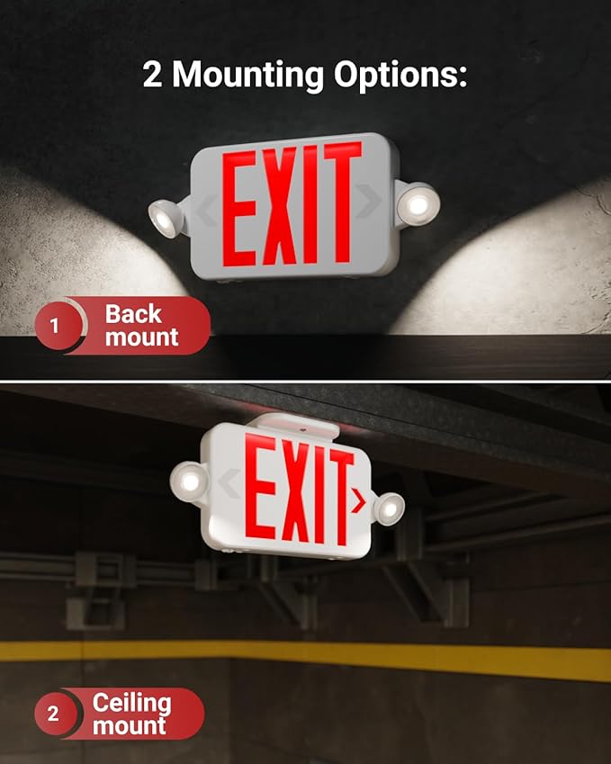 Sunco 12 Pack LED Exit Sign With Emergency Lights, Red, Two Mini Adjustable Lights, 94V-0 Fire Resistant, Backup Battery, 2.3W 6000K Daylight Deluxe, 200 Lumens 120-277V, Wall Or Ceiling Mount UL