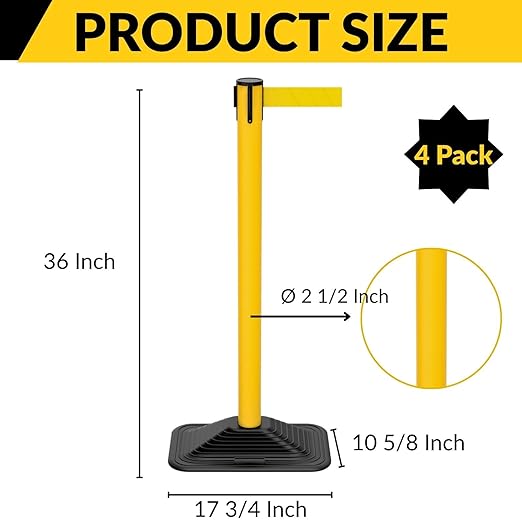 4-Pack 36" Yellow Crowd Control Stanchions, Heavy-Duty Rubber Rectangular Base with Space-Saving Design, 10ft Retractable Belt, Perfect for Indoor & Outdoor Safety Barriers