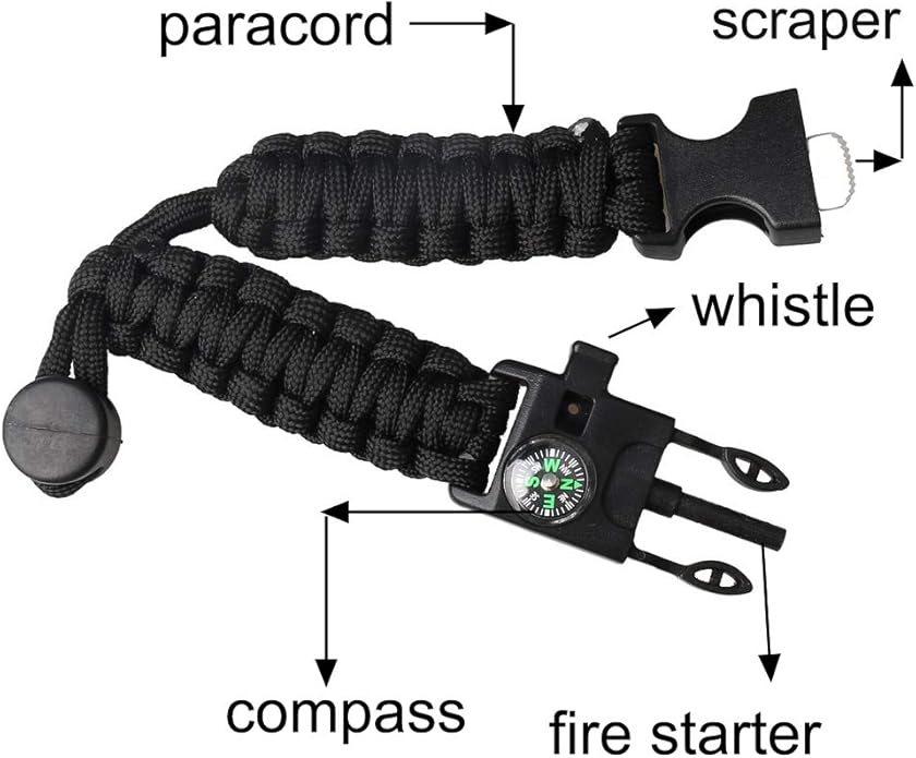 Survival Paracord Bracelet Flint Fire Starter Scraper Compass Wilderness Survival Whistle Adjustable Wristband 2Pack Black&Armygreen