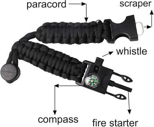 Survival Paracord Bracelet Flint Fire Starter Scraper Compass Wilderness Survival Whistle Adjustable Wristband 2Pack Black&Armygreen