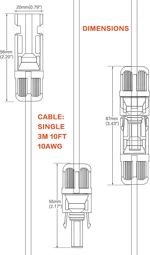 10Feet 10AWG Solar Extension Cable with Female & Male Connectors 6mm Solar Panel Weatherproof Wires for Solar Panels RV Marine Camper Ferry Black & Red PV Tinned Copper Extension Cord Kit
