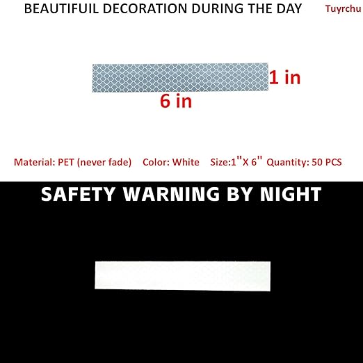 Non Fading White Reflective Stickers 1 inch X 6 inch, Outdoor Waterproof High Visibility Warning Safety Adhesive Reflector Tape (50 Pcs)