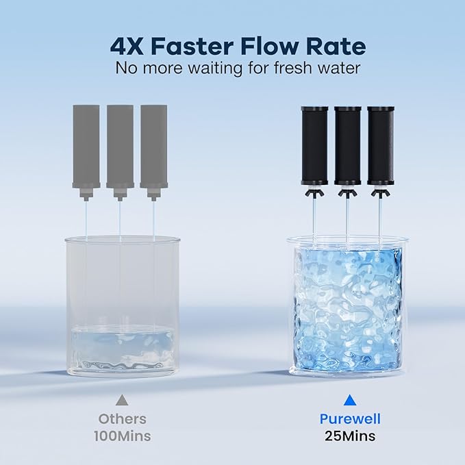 Purewell 4-Stage Ultra-Filtration Gravity-fed Water Filter System with 3 Filters, 304 Stainless Steel Countertop System with Water Level Window, Reduce Fluoride and Chlorine, 2.25G, PW-KS-3F