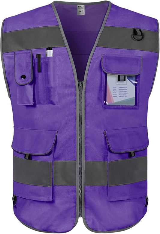 TCCFCCT Purple Safety Vest for Men Women 9 Pockets High Visibility Reflective Vest for Safety, Work Vest with Reflective Strips, Meets ANSI/ISEA Standards, Large
