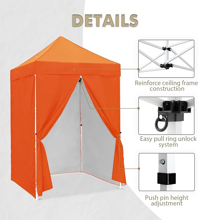 EAGLE PEAK 5x5 Instant Canopy with 4-Side Wall Panels, Small Pop up Portable Canopy Tent with Carry Bag, Light Weight Sun Shelter for Sports, Camping and Beach, Orange
