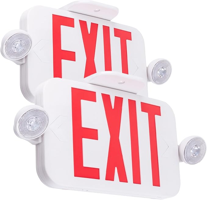 LIT-PaTH LED Combo EXIT Sign with 2 Adjustable Head Lights and Double Face, Back Up Batteries- US Standard Red Letter Emergency Exit Lighting, UL 924 and CEC Qualified, 120-277 Voltage, 2-Pack