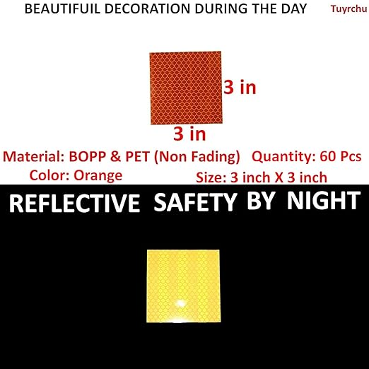 Orange Reflective Stickers 3 inch X 3 inch, Outdoor Waterproof High Visibility Warning Safety Adhesive Reflector Tape (60 Pcs)