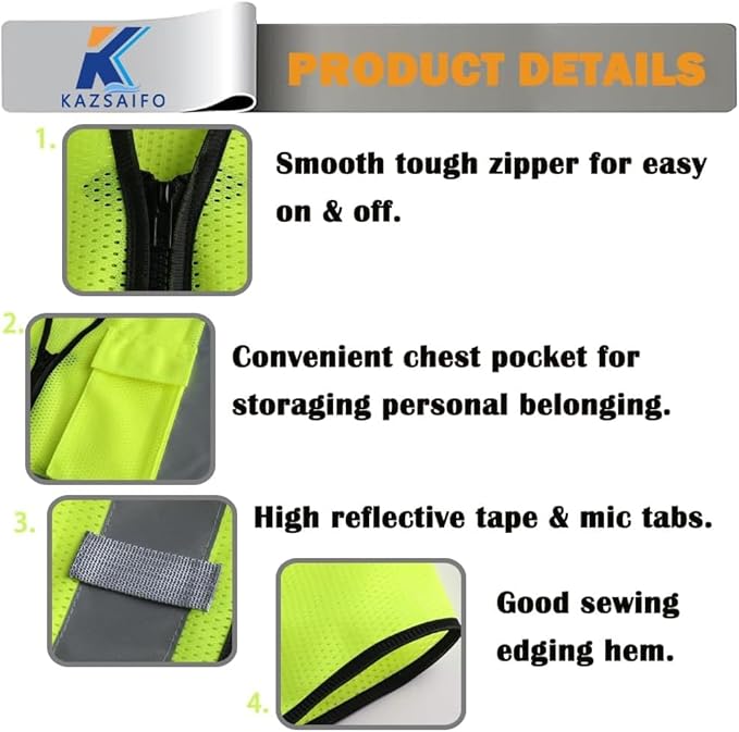 Hi Vis Reflective Safety Vest for Men Women Work,Mesh High Visibility Class 2 Construction Vest with Chest Pocket and Zipper Front,Meets ANSI/ISEA Standard (KZ179-Yellow-5XL)