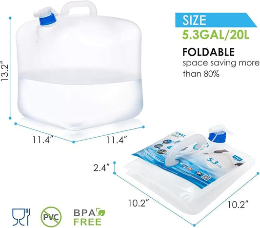 Collapsible Water Container Jug, 4×5.3 Gallon BPA Free Camping Water Storage Canteen with Spigot, for Hiking Backpack RV Outdoors & Emergency, Portable Survival Kit - Food Grade Transparent PE