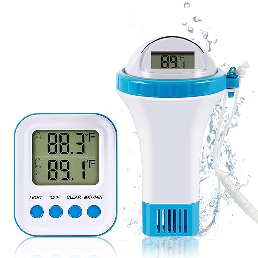 BlueBay Wireless Pool Thermometer,Floating Easy Read, Digital Pool Thermometer Set with Indoor/Water Temperature Monitor, IPX7 Waterproof, for Swimming Pools, Hot Tubs, Spa, Small Ponds, Aquariums