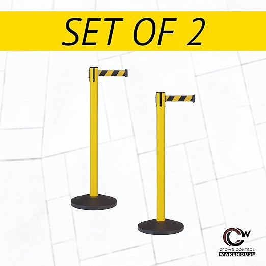 Crowd Control Warehouse - CCW Set of 2 Safety Retractable Belt Barrier Stanchion, Sloped Base, Yellow Post, RBB-100-11 ft Belt, Yellow Belt