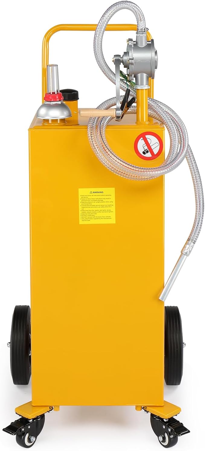 AutoForever 30-Gallon Oil Transfer Fluid Diesel Fuel Storage Tanks Gas Caddy Storage Diesel Kerosene Storage Containers with Rolling Flat-Free Solid Rubber Wheels for Boat, ATV, Car, Motorcycle Yellow