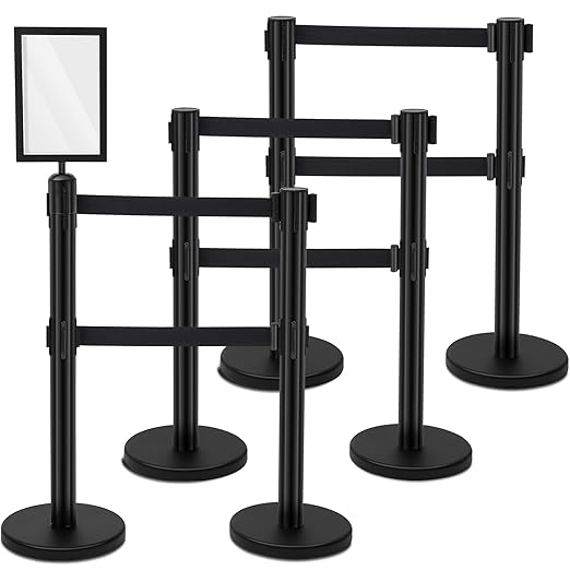 Therwen 6 Pcs Double Retractable Belt Barrier with Stanchion Dual Retractable Safety Belt Heavy Duty Crowd Control Stanchions Stainless Steel Post Holder Safety Barrier Stand (16.4 ft,Black)