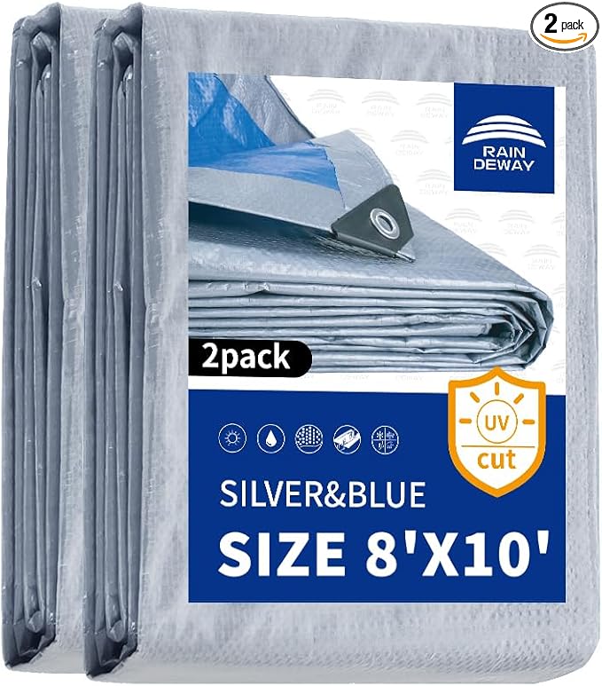 Tarps 8x10 Feet (2 Pack) - 5.5 Mil, Multipurpose Waterproof Poly Tarp Cover with Metal Grommets and Reinforced Edges, Silver/Blue Tarp by RAINDEWAY