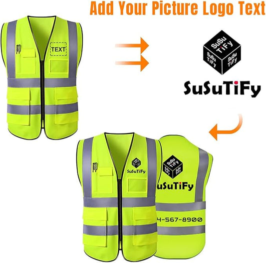 Custom Safety Vest Customized Logo Name Text Class 2 High Visibility Reflective Vests with Pockets for Construction Workwear