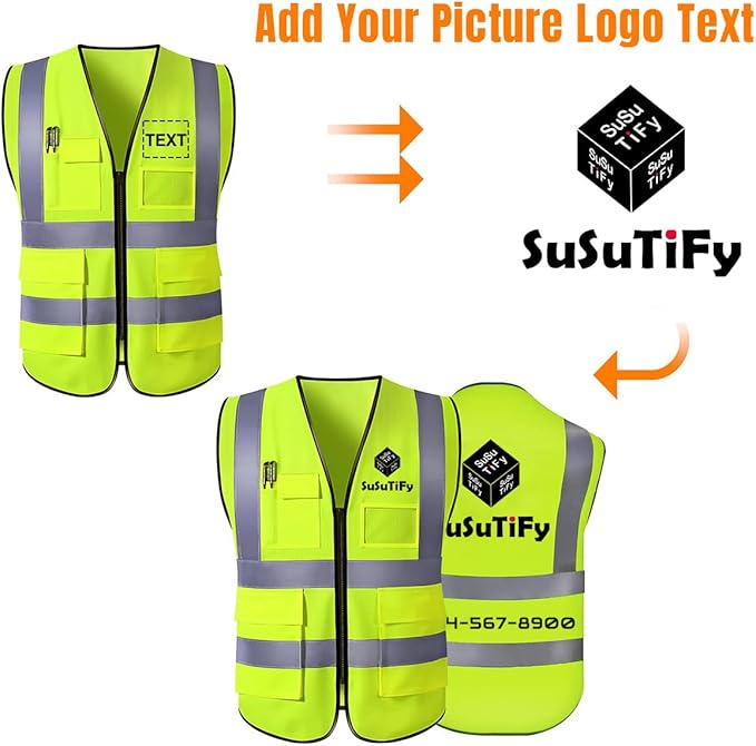 Custom Safety Vest Customized Logo Name Text Class 2 High Visibility Reflective Vests with Pockets for Construction Workwear