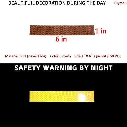 Non Fading Brown Reflective Stickers 1 inch X 6 inch, Outdoor Waterproof High Visibility Warning Safety Adhesive Reflector Tape (50 Pcs)