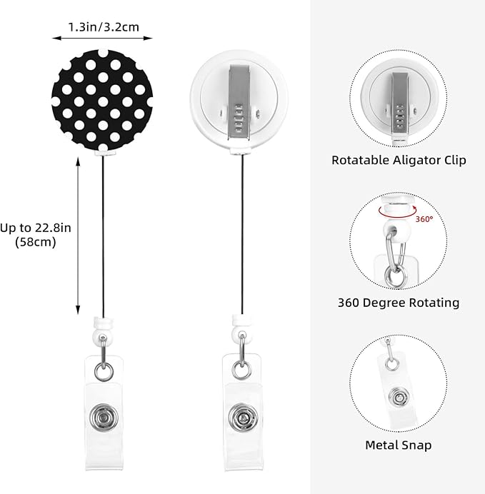 Black White Polka Dot Badge Reels Retractable Badge Holder with Clip for Id Name Tag Office Worker Student Teacher Nurse Doctor