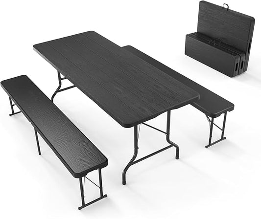 VINGLI Picnic Table Set with 2 Benches, 6 Feet Camping Table Chair Set, 3-Piece Folding Furniture for Indoor or Outdoor Use, Tree Patterned HDPE Tabletop, Black