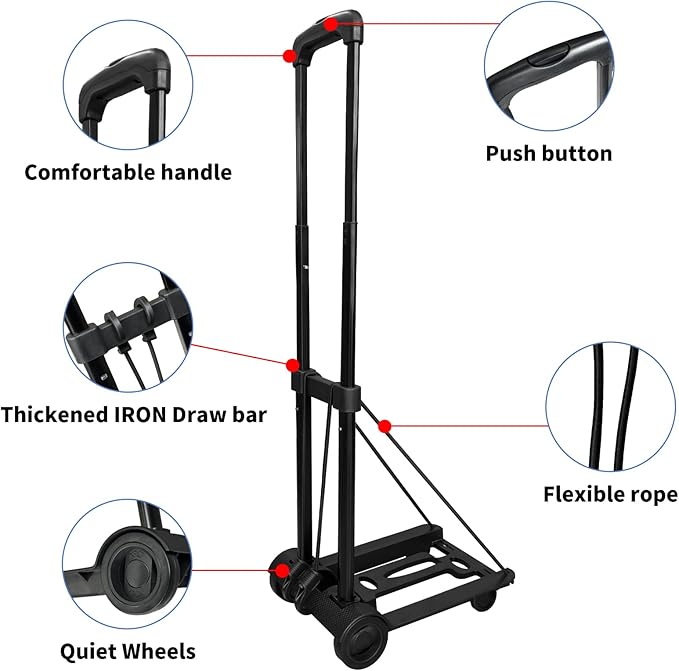 Folding Hand Truck Lightweight Portable Cart,VDHU 2 Wheels Fold Up Hand Cart with Elastic Ropes,Compact Utility Cart with 40kg/90lbs Heavy Duty 2 Wheels for Moving Travel Shopping Office Luggage Use