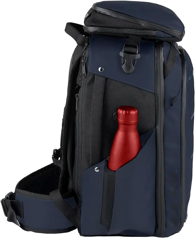Käydä 36L Travel Backpack - Spacious Carry On Backpack with Detachable Travel Pouch, Magnetic Water Bottle Pocket, Passport and Laptop Pocket - Convertible Boot Bag for Snow Sports (Steel Blue)