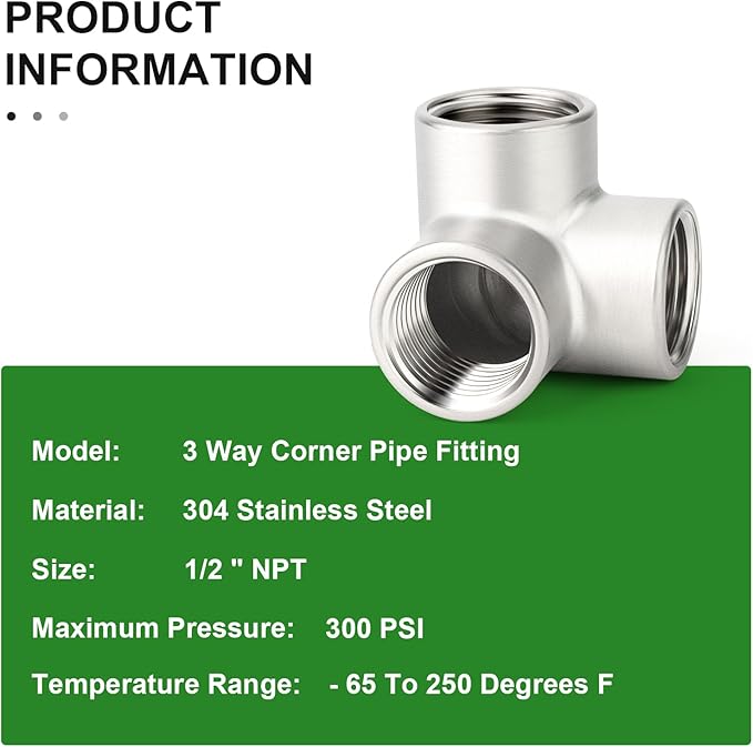 TAISHER 2PCS 304 Stainless Steel 3 Way Corner Pipe Fittings, 1/2" x 1/2" x 1/2" NPT Female Pipe Fittings
