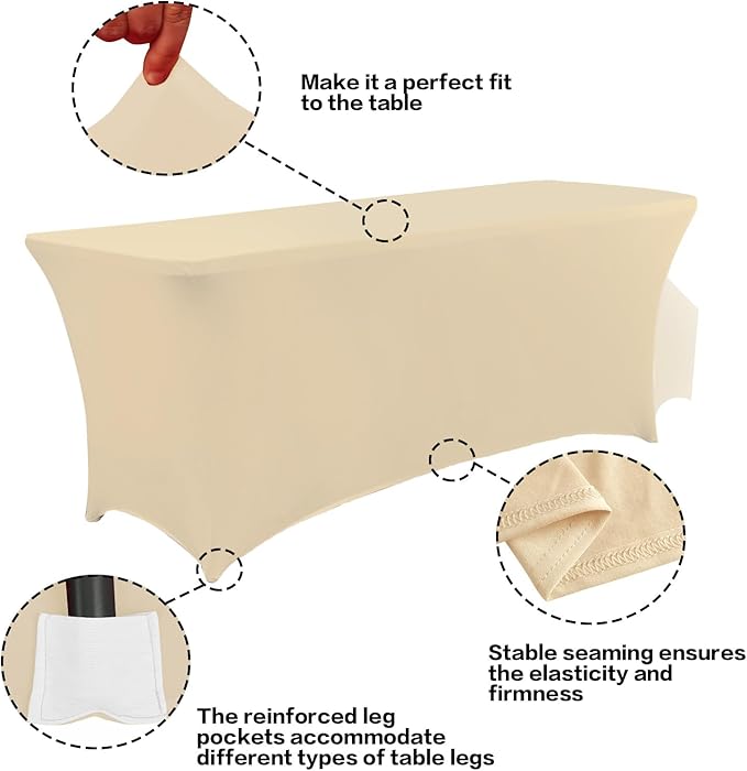 IVAPUPU 4FT Table Cloth for Rectangular Fitted Events Stretch Champagne Table Covers Washable Cover Spandex Tablecloth Protector for Party, Wedding, Cocktail, Banquet, Festival