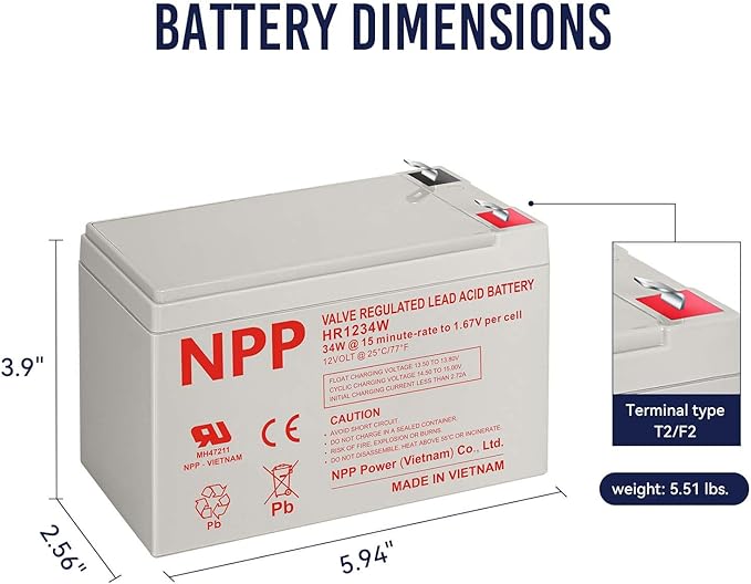 NPP High Rate FR HR1234W (F2, 2Pcs) 204Watts High Rate Battery Replace 12V 9Ah 12V 34Watts/Cell AGM Sealed Lead Acid Rechargeable for Back-UPS Flame Retardant UPS