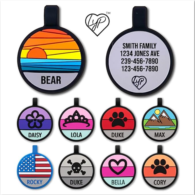 LYP - Our Original Soundless Pet ID Tag - Largest Line of Silicone Dog Tags - No More Jingling Dog Tags -Durable - Never Fades - Customized Deep Engraved Silicone (Sunset)