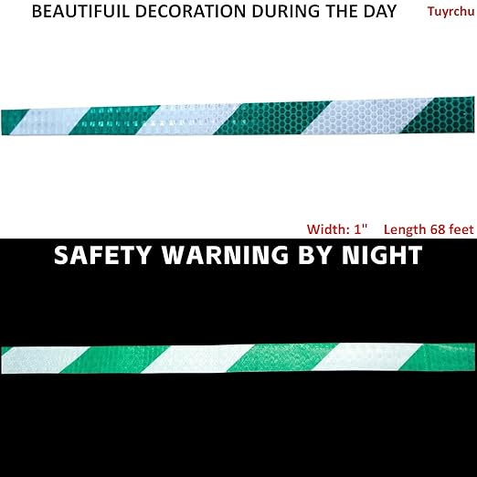 Green and White Reflective Tape Outdoor Waterproof 1 inch X 68 feet, High Visibility Hazard Conspicuity Industrial Marking Tape