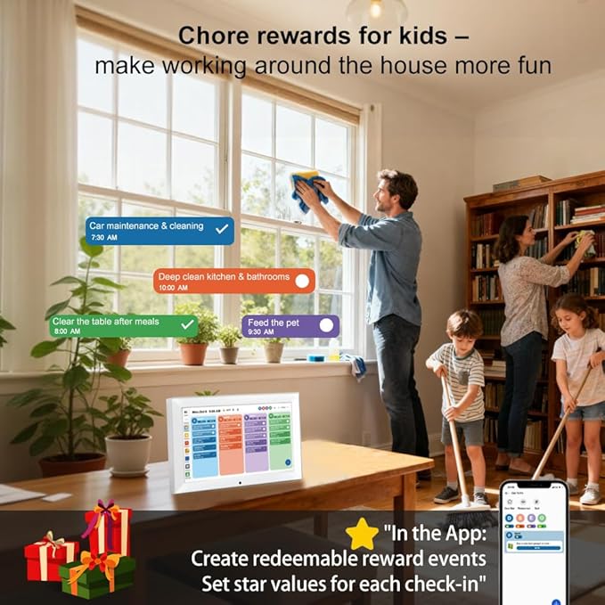 Digital Calendar Planner Interactive Touchscreen Chore Chart Smart Schedule Meal Plan Family Photo Display Sync Calendar Wall & Desk Mountable (10.1 inch)