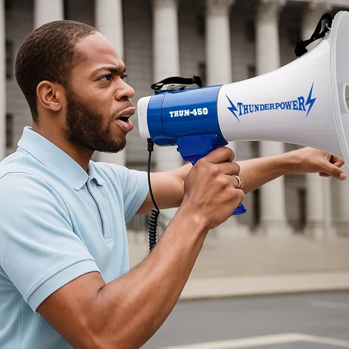 ThunderPower THUN450 Extra-Loud Megaphone Speaker – 35W Voice Amplifier for 1,400-Yard Range – Bullhorn Megaphone with Voice, Siren & Whistle Mode – Bull Horn Loud Speaker with Mic & Shoulder Strap