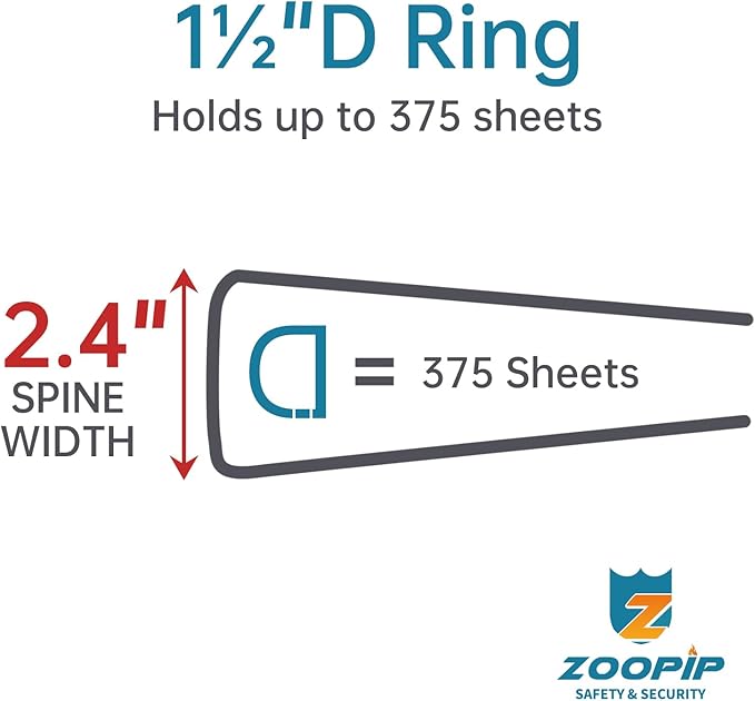 Fireproof 3 Ring Binder with Zipper, 1.5 Inch D Rings Hold up 375 Sheets of 8.5" x 11" (A4), Compatible with Clear Page Protectors, Built-in Net and Pen Holder(Black, 1 Pcs)