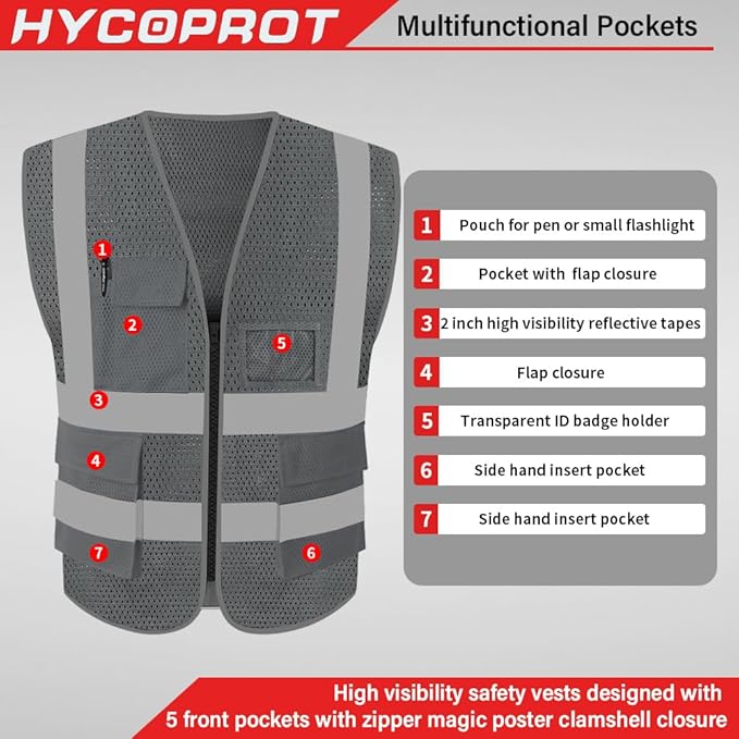 HYCOPROT High Visibility Mesh Safety Reflective Vest with Pockets and Zipper, Meets ANSI/ISEA Standards